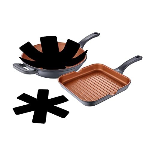 San Ignacio Bronzen | kookgerei set | wok en pan grillpan Ø 32 en 28 cm diameter en 2 beschermdoppen | van gegoten aluminium | antiaanbakpannen | voor alle warmtebronnen