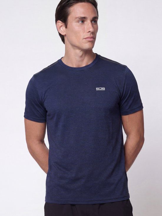 Sjeng Sports Ademend Sport T-shirt Heren - Sjeng Sports TEX - Ultralicht t-shirt - Donkerblauw - Fitness - Padel - Tennis - Gestreept Pique shirt met ronde hals