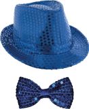 Merkloos Carnaval set de déguisement - chapeau à paillettes et nœud papillon - bleu - adultes - avec paillettes
