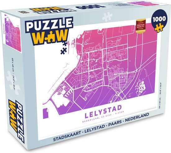 MuchoWow Puzzel Stadskaart - Lelystad - Paars - Nederland - Legpuzzel - Puzzel 1000 stukjes volwassenen - Plattegrond