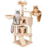 PAITSY Arbre à chat, poteau griffoir pour chat, 1 perchoir, 2 niches, 1 hamac, balles, colonnes en sisal, peluche, tour à plusieurs niveaux, hauteur 165 cm, beige.