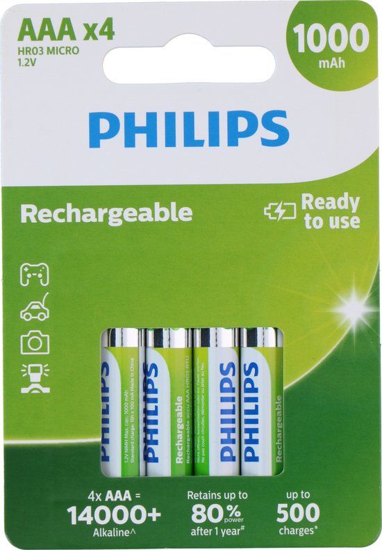 Philips AAA Oplaadbare Batterijen - 4 stuks - NiMH