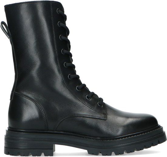 Manfield - Dames - Zwarte leren biker boots met veters - Maat 38