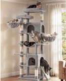 Feandrea Krabpaal XXL, Grote Kattenboom met Kattenhuis, 55 x 45 x 206 cm | Stabiele Klimtoren voor Meerdere Katten, met Sisalpalen en Krabplanken, Hangmat, Duif grijs, CLAWFY Collectie PCT021G101