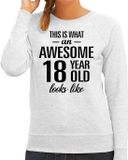 Bellatio Decorations Awesome 18 year - geweldige 18 jaar cadeau sweater grijs dames - Verjaardag cadeau trui L