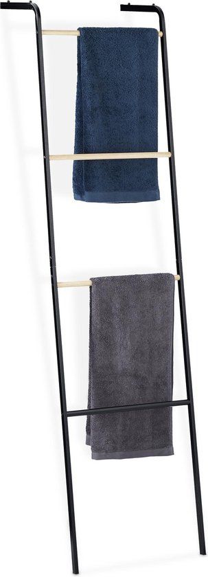 Handdoekladder badkamer - 4 stangen - 160 x 40 x 26 cm - metaal - zwart/lichtbruin