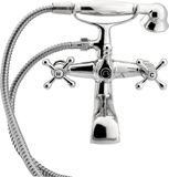 Merkloos Badkuip, Notalgie badarmatuur met kruishandgrepen en handdouche, vintage armatuur, kraan, tweehendelmenger, badkamer opbouwarmatuur, chroom