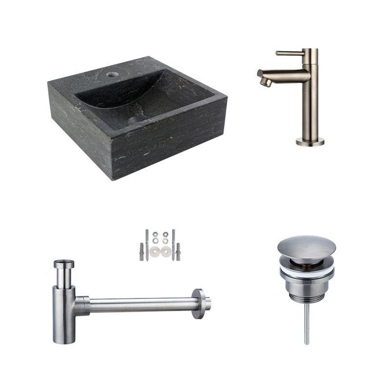 Badkamerplanet Fonteinset Hardstenen Square Gun Metal 30x30x10 cm