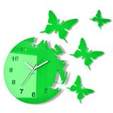 FLEXISTYLE Grote moderne wandklok vlinder groen rond 30 cm, 3D DIY, woonkamer, slaapkamer, kinderkamer