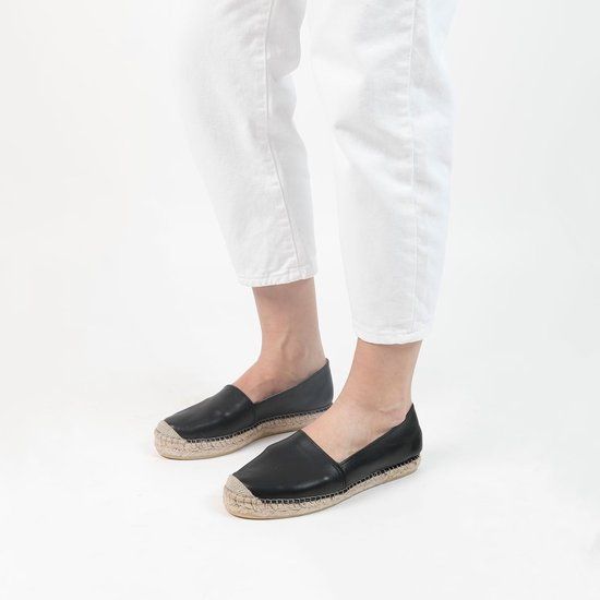 Manfield Dames Zwarte Leren Espadrilles Maat 37 - Lente/Zomer 2024