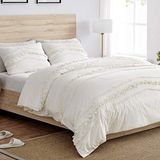 Sweet Jojo Designs Bohemian Boho Chic Ivory Macrame Tufted Tassel 3-Piece Full/Queen Bedding Set Duvet Cover Sham Textured Minimalist Off White Cotton Fringe Farmhouse
