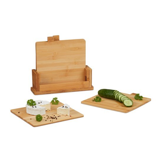 Relaxdays snijplank 4er set - bamboe - met houder - keukenplank - motieven - ontbijtplank