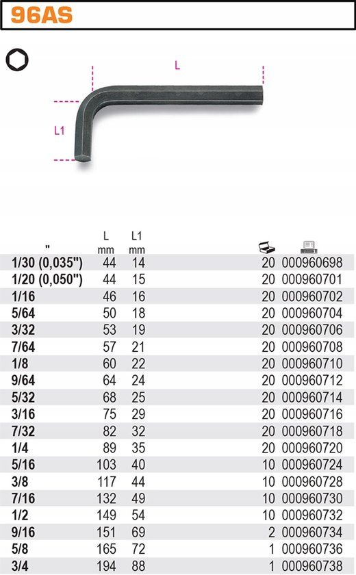 Beta inbussleutel 1/20" Inch 96AS/1/20