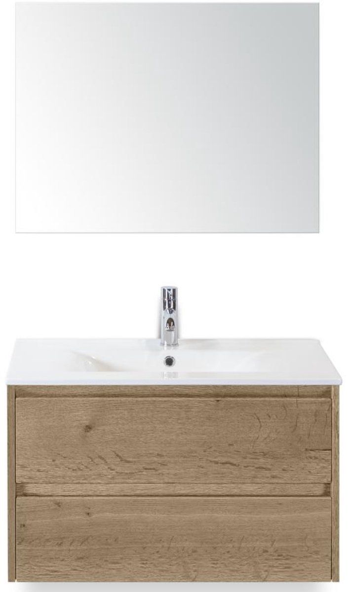 BES LED Dante Natuur Eiken Badmeubelset 80 cm met Keramische Wastafel Wit Enjoy en Spiegel
