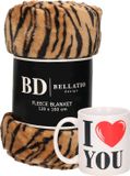 Bellatio Design Valentijn cadeau set - Fleece plaid/deken tijger print met I love you mok - Cadeau vrouw, vriendin, geliefde