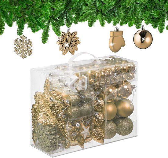 Relaxdays Kerstballen set van 100 - plastic - mat - glanzend - glitters - 10 designs - champagne