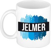 Bellatio Decorations Shoppartners Bv Jelmer naam cadeau koffie mok - beker - met blauw verfstrepen - Cadeau collega - vaderdag - verjaardag - meester - coach - 300 ml - wit