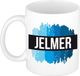 Bellatio Decorations Shoppartners Bv Jelmer naam cadeau koffie mok - beker - met blauw verfstrepen - Cadeau collega - vaderdag - verjaardag - meester - coach - 300 ml - wit