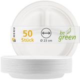 HEKU 'be green' Set van 50 stuks, 3-delige suikerrietborden, Ø 26 cm, geschikt voor de magnetron, thuiscomposteel, ideaal voor alle gelegenheden, wit design