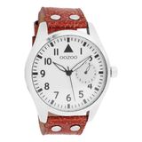 OOZOO Timepieces - Zilverkleurige horloge met bruine leren band - C10325