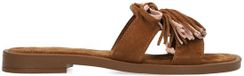 Manfield - Dames - Cognac suède slippers met franjes - Maat 38