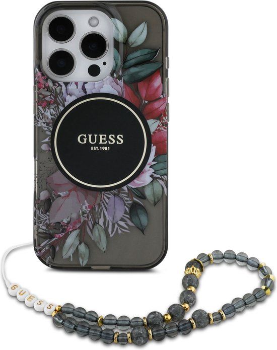 Guess MagSafe IML Flowers Case met beads strap geschikt voor iPhone 16 Pro - Zwart