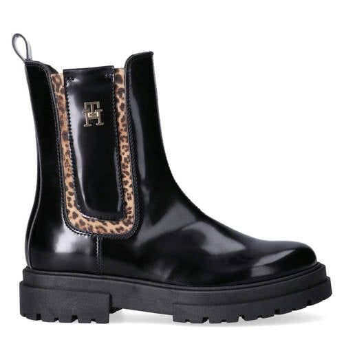 Tommy Hilfiger Imitatieleren Enkelboots Met Profielzool En Panterprint - Zwart