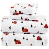 Comfort Spaces Flanellen lakens, 100% katoen, Twin XL, ultrazachte, gezellige set met diepe hoeken van 30,5 cm, voor matras tot 35,6 cm, warm, novelty-print kerstdorp, 3-delig