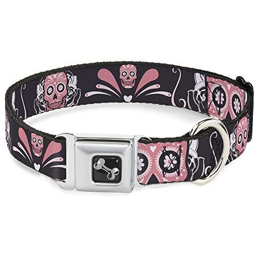 gesp Sugar Skulls Gray/Pink Large Dog Collar - Fits 15-26" Neck - 1" Wide Belt Buckle