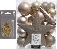 Shoppartners Bv 33x stuks boules de Noël en plastique 5, 6 et 8 cm champagne nacré avec étoile et crochets pour boules de Noël - Décoration de Noël - Incassable
