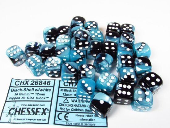 Chessex dobbelstenen set 36 6-zijdig 12 mm Gemini black-Shell w/white