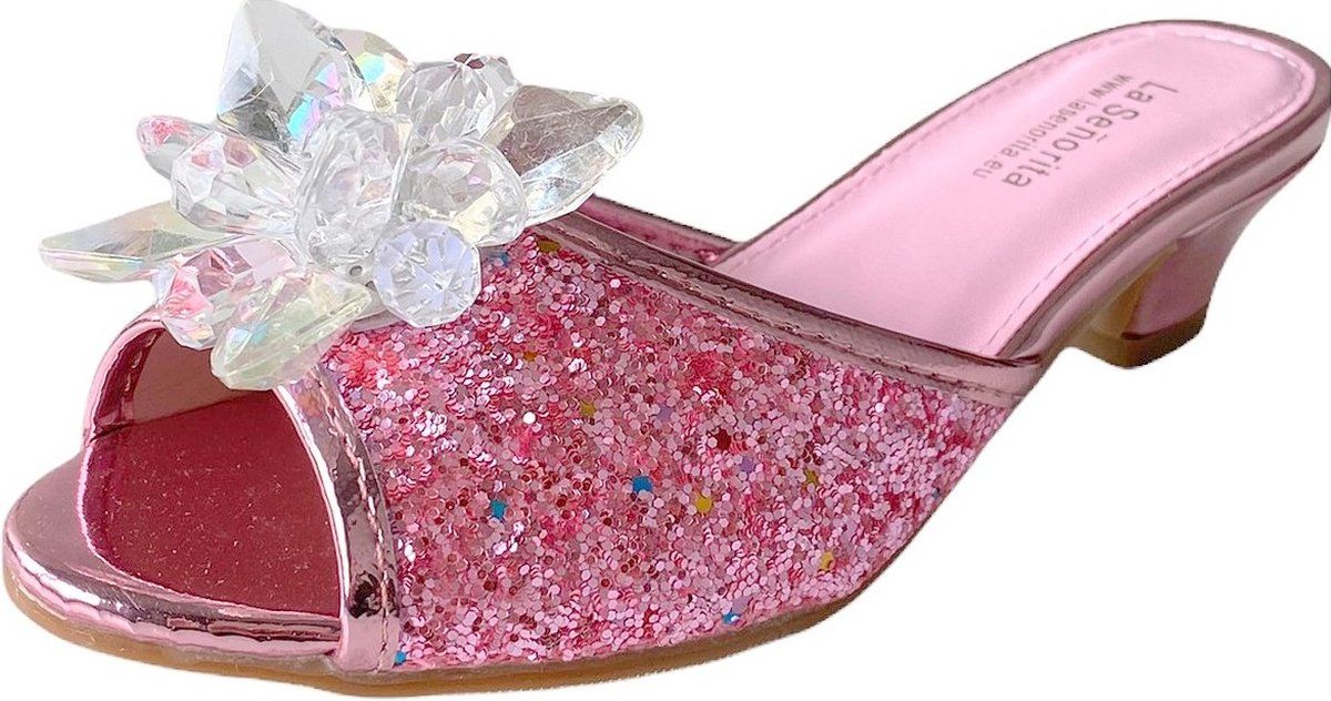 Spaansejurk NL Prinsessen slipper schoenen roze glitter met hakje maat 28