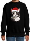 Bellatio Decorations Kersttrui / sweater kat - grijze poes - kinderen - zwart - kerstmuts - Kerstmis 170/176