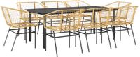 vidaXL 9-delige tuinset van poly rotan met glazen tafel en kussens in bruin
