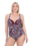 Ulla Popken Dames grote maten grote maten plus size badpak chloor, glanzende afwerking, jungle, bes, 46