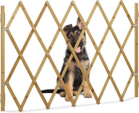 Relaxdays uitschuifbaar hondenhek bamboe, veiligheidshekje voor deur en trap, tot 116,5 cm uittrekbaar, 82,5 cm, lichtbruin