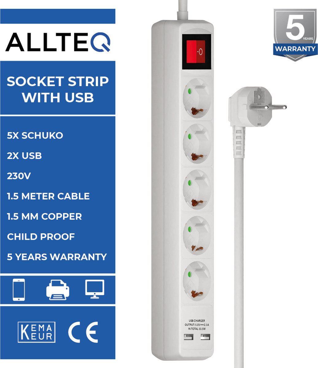 Allteq Stekkerdoos | Schuko | 5 voudig | 2x USB | Aan/uit schakelaar | Wit |