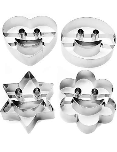 HomeTools.eu® - 4 uitsteekvormpjes smiley koekjesvormen gezichtjes, uitstekers voor grappig gebak, smiley emoji hart ster bloem, roestvrij staal, 4 stuks