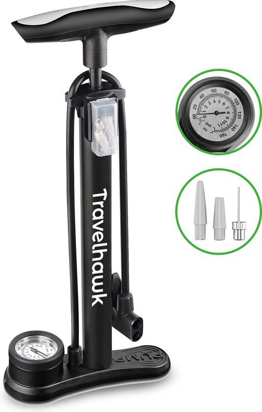 Travelhawk Fietspomp - Dubbele Ventielkop - Bal Pomp - Met drukmeter - Handig Voor Onderweg Of Op Reis - Inclusief Draagtas - Zwart