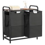 VEVOR Grote wasmand met 2 delen, metalen frame en houten plank, vrijstaande opbergmanden met uittrekbare 600D Oxford-stoffen zakken voor vuile kleding, badkamer