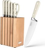 Deleca Verona Messenset met Eiken Houten Blok - 7-Delig - Premium 1.4116 RVS Keukenmessen, Koksmes, Santokumes & Keukenschaar - Japandi Stijl - Magnetisch Messenblok - Soft Beige