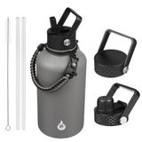 Geïsoleerde BJPKPK Half Gallon Geïsoleerde Waterflessen met rietdeksel, 64 oz Grote Waterbeker, Roestvrij Stalen Flessen met 3 Deksels en Paracord Handel, Thermosfles voor Warme & Koude Vloeistof, Grijs