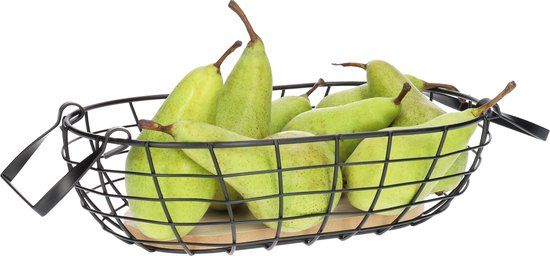 QUVIO Fruitmand - Fruitschaal - Eierrek - Eiermand - Mand - Opbergmand - Draadmand - Ovaal - Staal en hout - Zwart en bruin