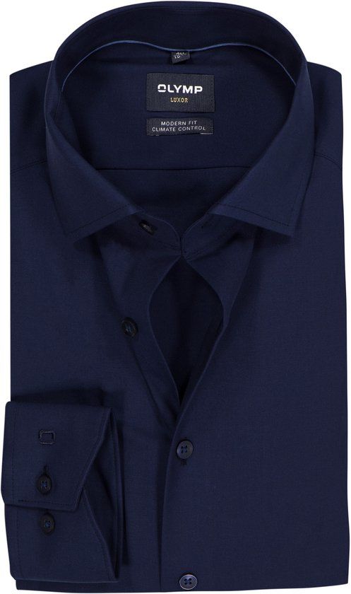 OLYMP Luxor 24/7 modern fit overhemd - popeline - marineblauw - Strijkvriendelijk - Boordmaat: 38