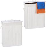 Merkloos 2x wasmand 2 vakken - bamboe wasbox wit - 95 liter - opvouwbaar - met deksel