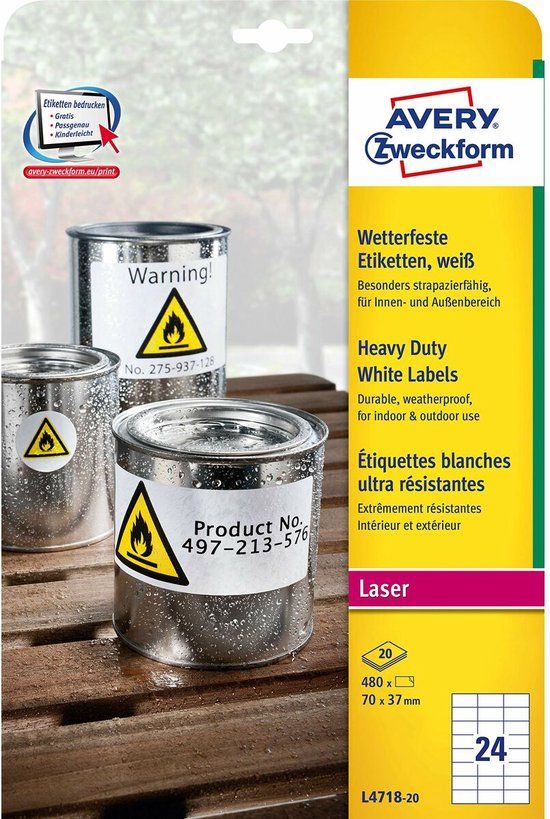 Avery Zweckform L4718-20 Folie-etiketten 70 x 37 mm Polyester folie Wit 480 stuk(s) Permanent hechtend Laser (kleur)