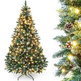 Yorbay Kunstkerstboom met verlichting en witte sneeuw, LED kerstboom voor kerstdecoratie met echte dennenappels, brandwerend (150CM)
