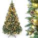 Yorbay Kunstkerstboom met verlichting en witte sneeuw, LED kerstboom voor kerstdecoratie met echte dennenappels, brandwerend (150CM)