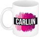 Bellatio Decorations Shoppartners Bv Carlijn naam cadeau koffie mok - beker - met roze verfstrepen - Cadeau collega - moederdag - verjaardag - juf - coach - 300 ml - wit