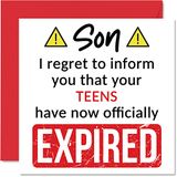 Grappige 20e verjaardagskaarten voor zoon - uw tieners zijn verlopen - Gelukkige verjaardagskaart voor zoon van mama papa ouders, 145mm x 145mm Banter Joke Humor Bday wenskaarten cadeau